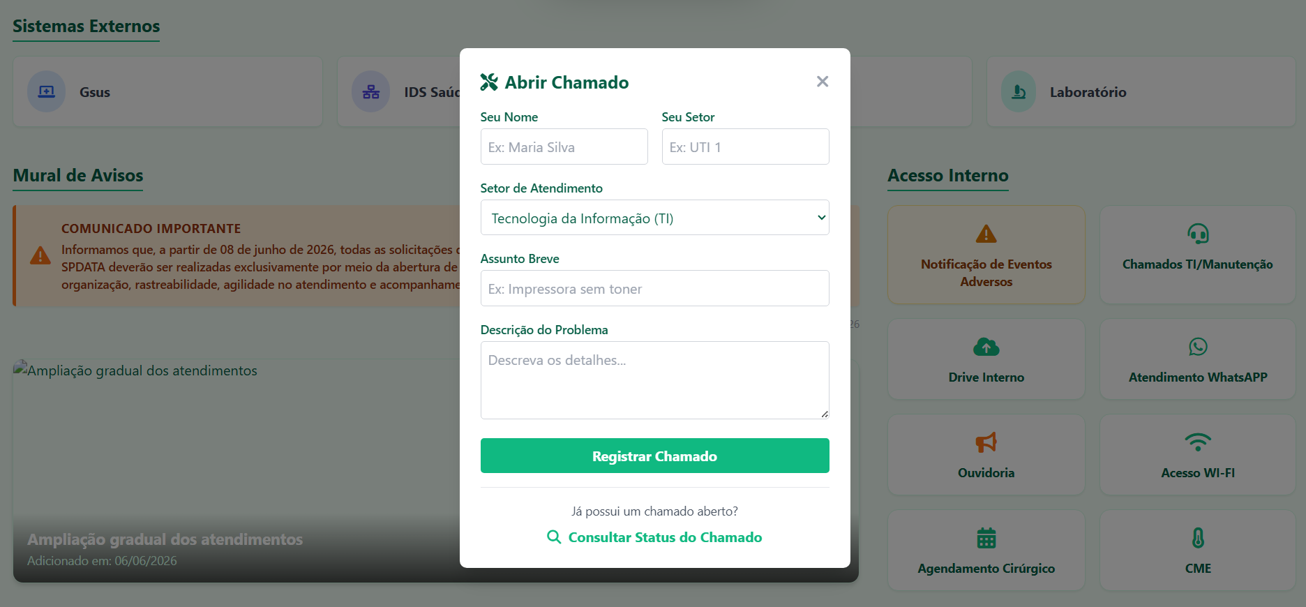 Painel de Helpdesk da Intranet